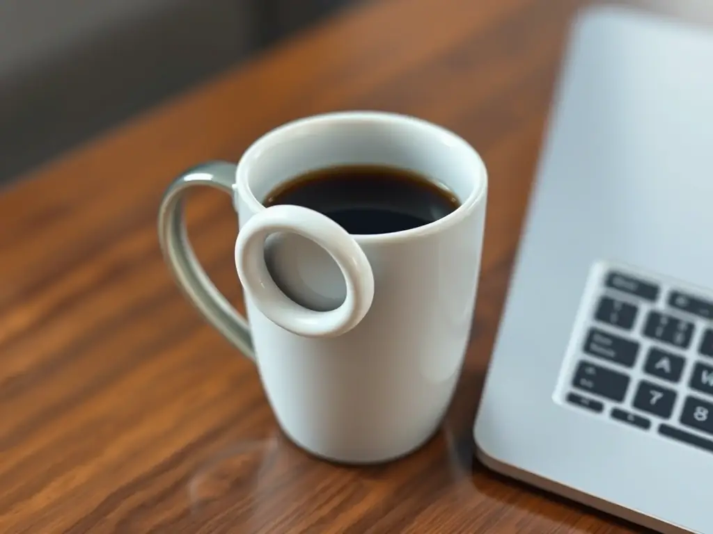 A close-up shot of an AI-generated coffee mug with a handle that loops in an unusual, almost Escher-like way, sitting on a desk next to a laptop. The mug is filled with coffee, and the background is slightly blurred to emphasize the quirky design.